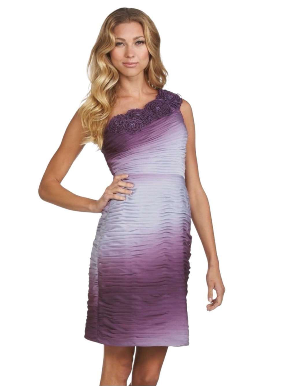 Adrianna Papell Purple Ombre One Shoulder Rosette Shutter Pleat Dress (6/8)